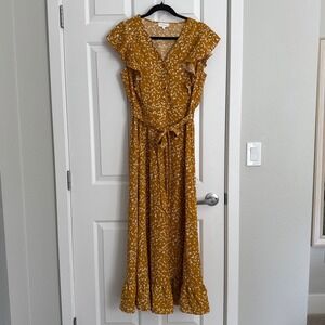 Bohme Mustard Leaf Print Maxi Dress M Ruffle Sleeve Button Front Tie Waist Boho